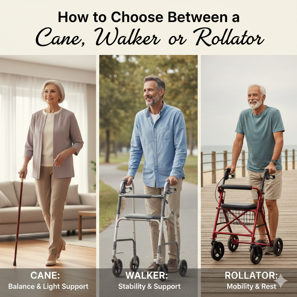 How to Choose Between a Cane, Walker, or Rollator
